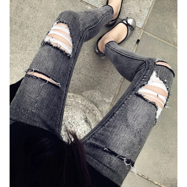 Fashion High Waist Smoke Gray Hole Jeans Women Elastic Skinny Jeans Denim Pants Pencil Pants Plus Size Pencil Trousers