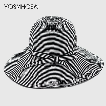 

Casual Stripped Large Brim with Bow Tie Summer Sun Hat for Women Cotton Cloth Foldable Beach Sun Hats Cap for Ladies WH317