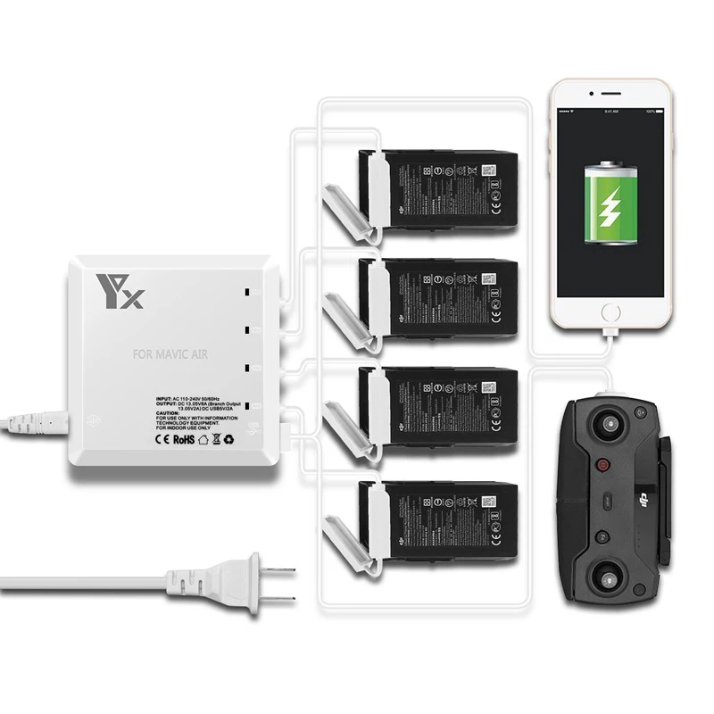 

BRDRC DJI Mavic Air Charger 6in1 Charging 4 Battery + 2 USB Port Intelligent for DJI Mavic Air Drone Remote Controller Phone