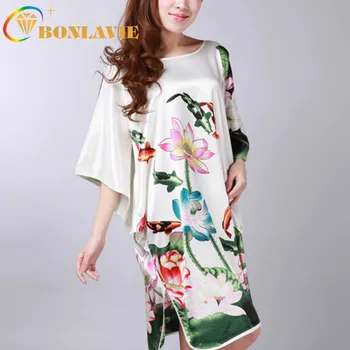 

Sleepwear Summer Bat Sleeve Size Printed Nightgown Goldfish Female Home Pajamas Round Neck Half Sleeve White Red Women Pajamas