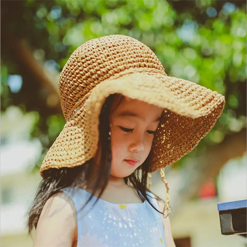 

AD0792 Cute Child Girls Wide Brim Straw hat Bowknot Casual Sun Hat Kids Beach Summer Boater Travel Outdoor Beach Hat 51CM