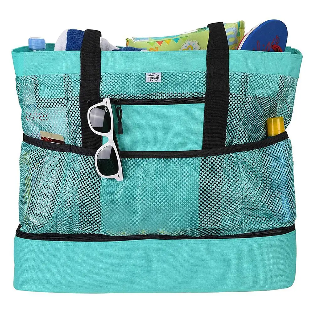 Double Layed Mesh Tote Beach Bag Thermal Insulation Cooler Handheld Lunch Bag Outdoor Waterproof Food Drink Picnic Storage Bags - Цвет: Green