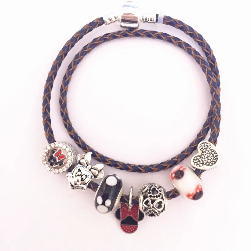 

European Bracelets Mickey Minnie Head Charms Beads Fits European Bracelets Cartoon Double Leather Bracelets DIY Birthday Gifts
