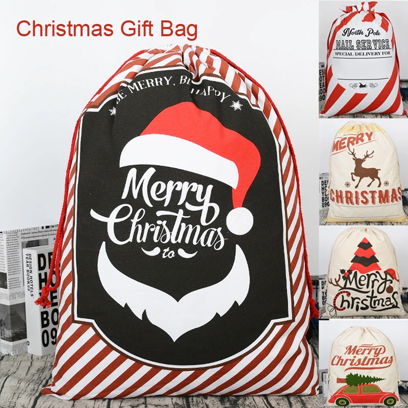 

2018 New Christmas Stockings Gift Holders Santa Sacks Drawstring Canvas Xmas Big Santa Claus Candy Gift Bag New Year Decoration
