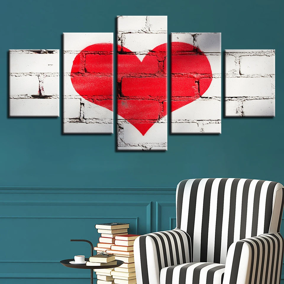 

Canvas HD Prints Pictures Home Decor Frame 5 Pieces Red Love Heart Graffiti Paintings Modular Living Room Sweet Poster Wall Art