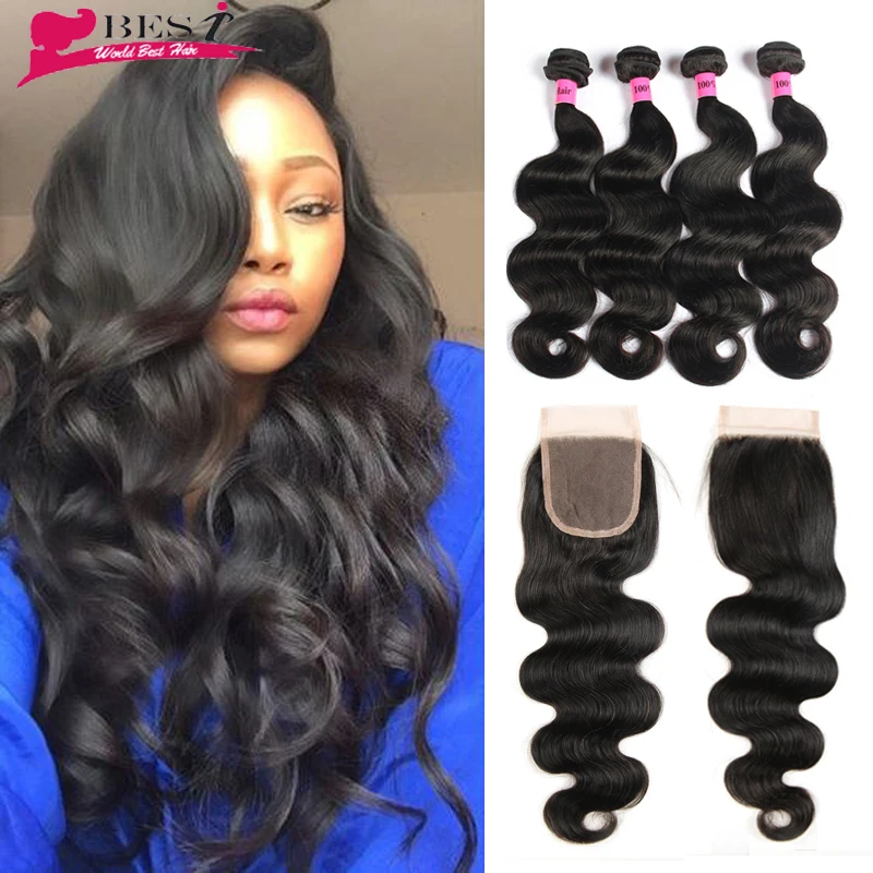 7A Grade Unprocessed Human Hair Weave Indian Body Wave With Closure 4