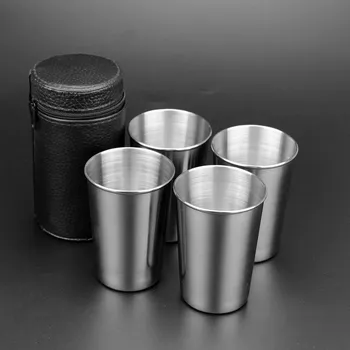

MrY 4 PC 180ml Stainless Steel Camping Cup Mug Outdoor Camping Hiking Folding Portable Tea Coffee Beer Cup With Black Bag T30