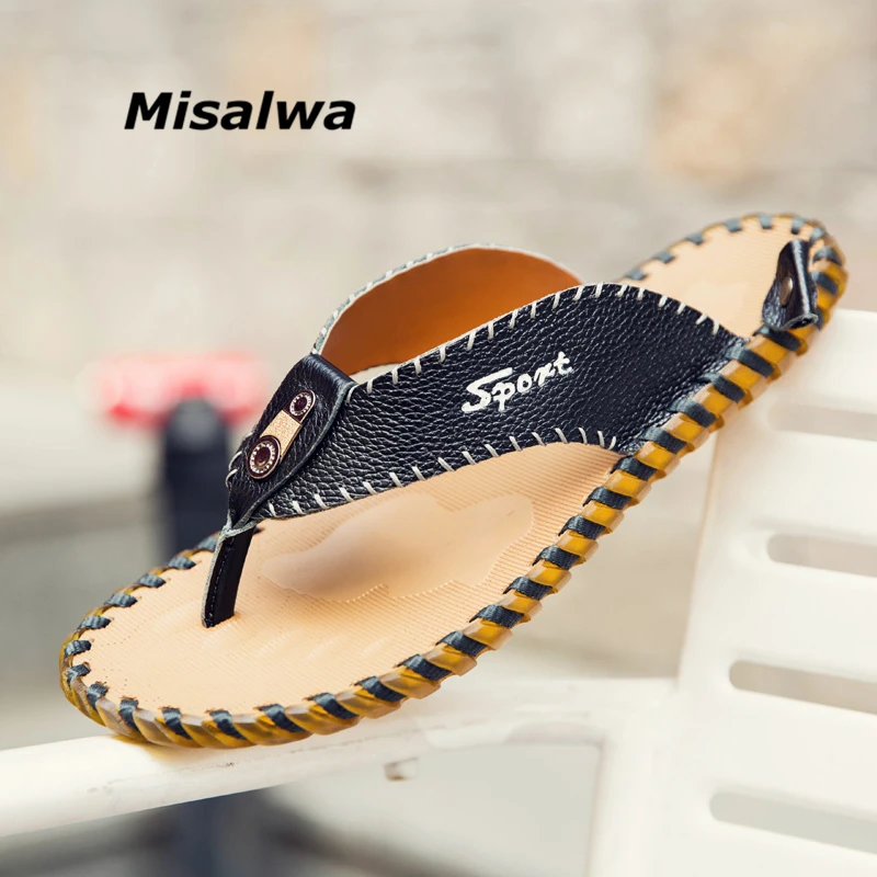 

Misalwa White Orange Men Summer Slippers Genuine Cow Leather Beach Slippers Flip Flops Soft Handmade Glue-free Casual Shoes
