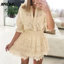 Aproms Elegant Solid Color High Waist Women Summer Dress Lace Hollow Out Mini Dress Sexy V-neck Half Sleeve Streetwear Dresses Aproms Elegant Solid Color High Waist Women Summer Dress Lace Hollow Out Mini Dress Sexy V-neck Half Sleeve Streetwear Dresses