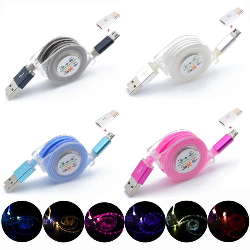Ootdty Выдвижной Micro Тип USB c LED данных зарядный кабель для Samsung Xiaomi HTC Huawei