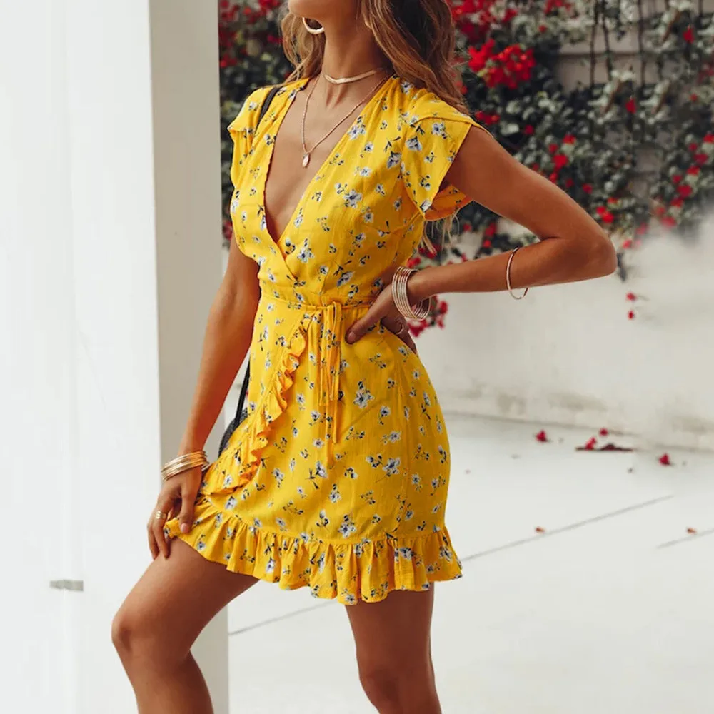 

Summer Fashion Women's Sexy Bandage Bodycon Dress Floral Print Casual Evening Party Short Mini Dress