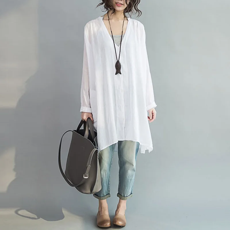 

Tops Blusas ZANZEA Women Spring Solid V Neck Long Sleeve Shirt Loose Buttons Down Blouse Casual Linen Cotton Loose Cardigan