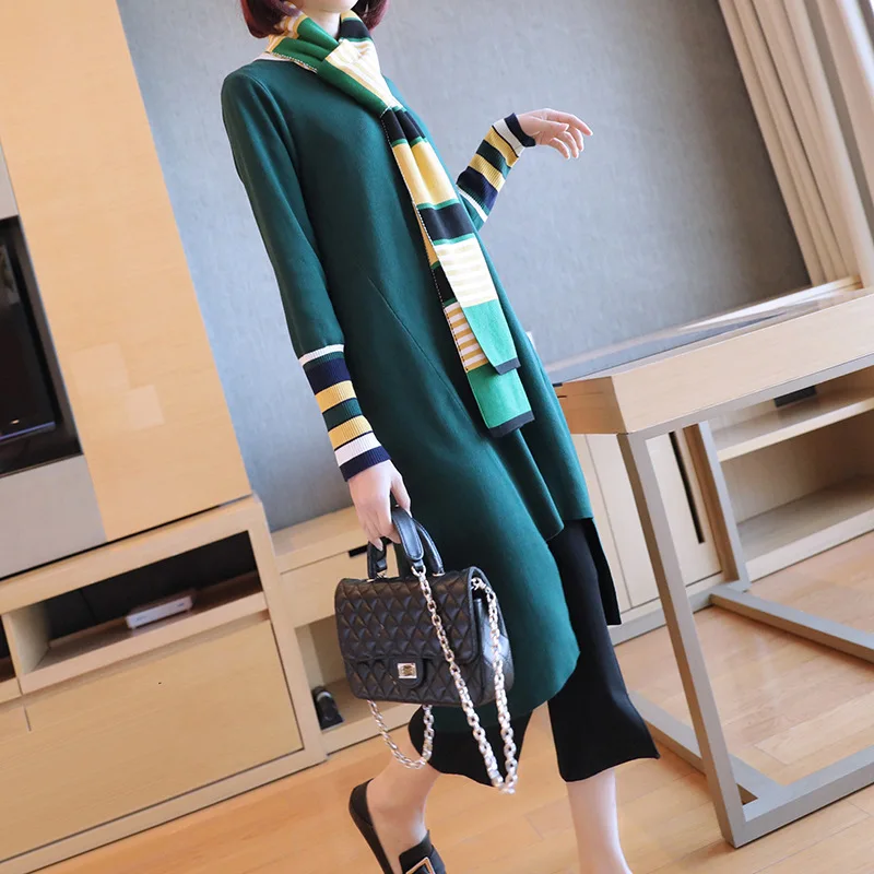 Осеннее вязаное платье осень и зима женский длинный свободный свитер большого размера с длинным рукавом - Цвет: Green scarf