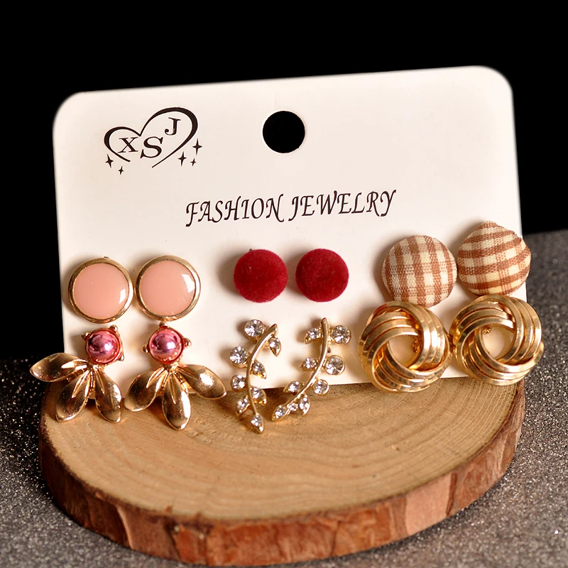 

New fashion women jewelry wholesale girls birthday party pink stud Red gold mashup 6 pairs /set earrings gift free shipping