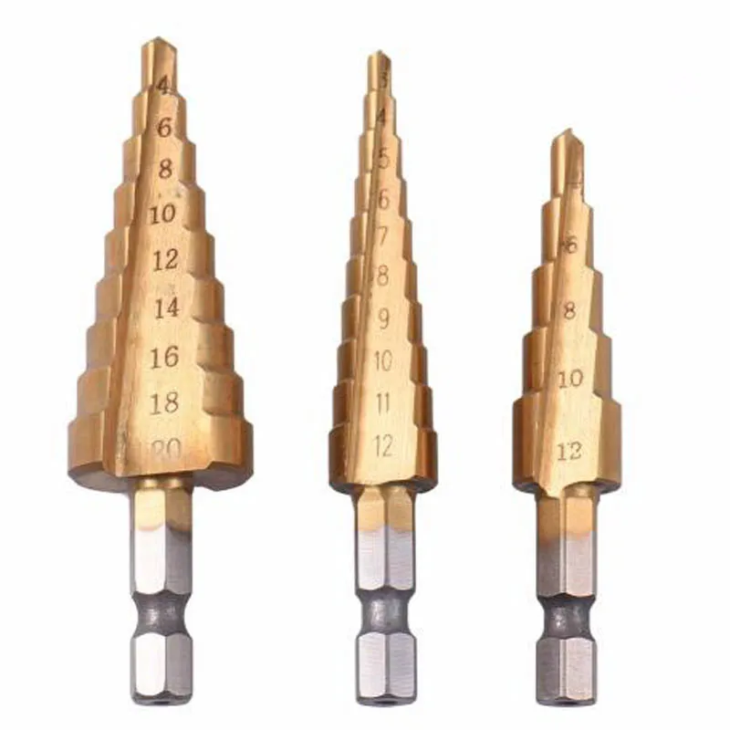 3 шт из быстрорежущей стали титановые ступенчатые сверла 3-12 мм 4-12 мм 4-20 мм ступенчатые конусные режущие инструменты стальной деревообрабатывающий набор для сверления дерева и металла