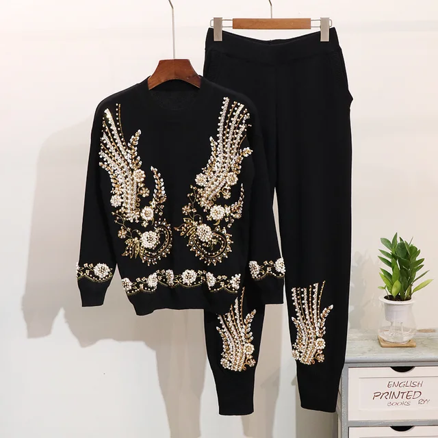 2019 Autumn 2 Piece Set Women Beading Embroidery Knitted Sets Sweater Trousers Pants Suit Winter Women Two Piece Set Tracksuits
