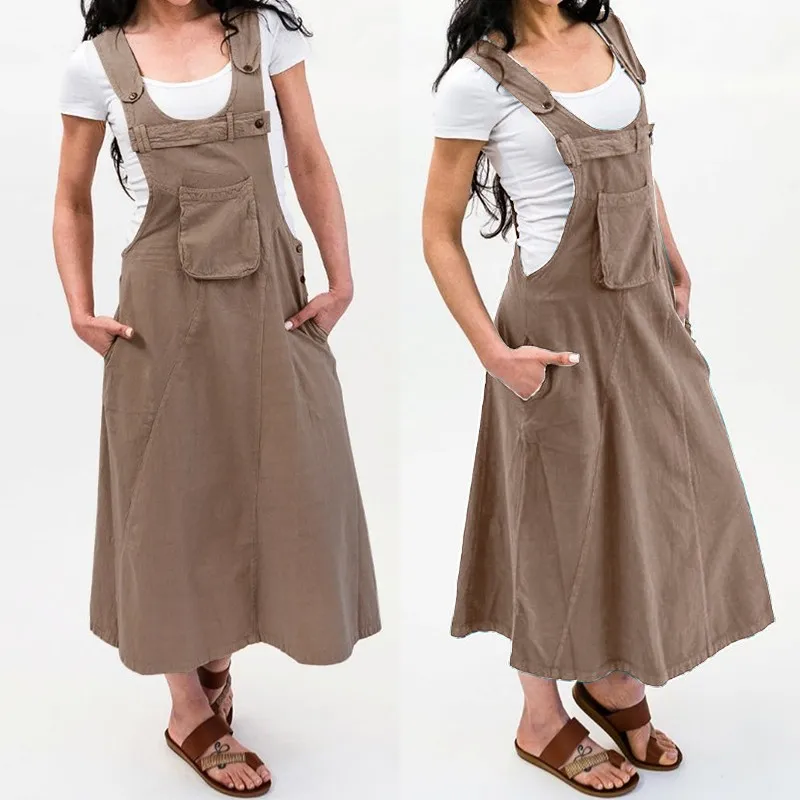 

Front Pockets Overall Dress Women's Summer Sundress ZANZEA 2019 Kaftan Sleeveless Midi Vestidos Plus Size Woman Tunic Robe Femme