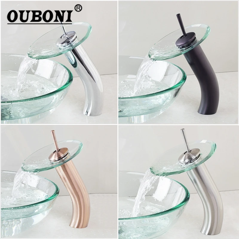 OUBONI Chrome Polish Black ORB Transparent Tempered Nickel Brush Tap Waterfall Glass Bathroom Water Basin Sink Tap Mixer Faucet