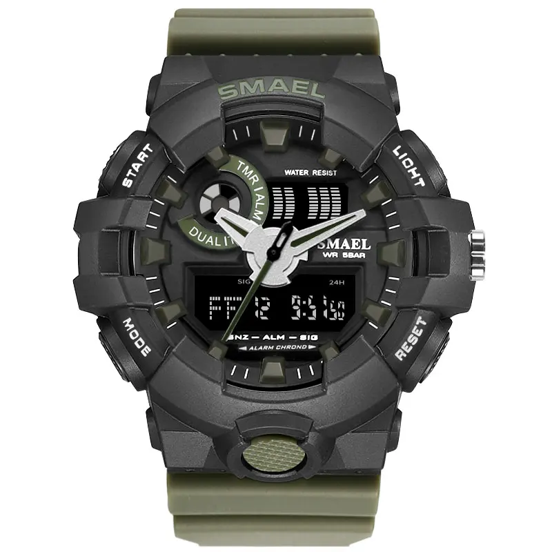 SMAEL часы для мужчин для спорта кварцевые наручные часы цифровой светодиодный Будильник Золото S Shock Clocks1642 спортивные часы мужские водонепроницаемые - Цвет: Army Green