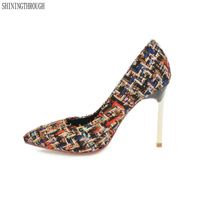 

Fashion High Heels Pumps Party Women Shoes 2018 Spring New Colorful Woven Cloth 10cm Sexy Pointed Toe Heels Wedding Shoes