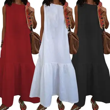 

2020 ZANZEA Summer Fashion Fishtail Dress Women Casual Sleeveless Loose Dresses Solid Cotton Party Long Maxi Sundress Femme Robe