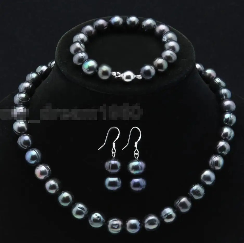 

Hot sale new Style >>>>Natural Black 8-9mm Freshwater Cultured pearl necklace Bracelet Earrings *Free Shipping*