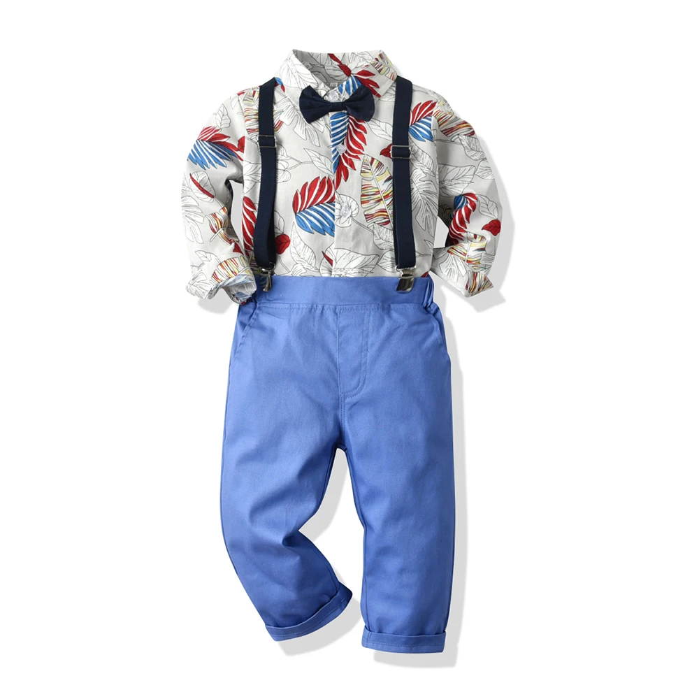 

Children Clothing Sets 4 Piece Beach Baby Boy Suits Cotton Leaves Printed Long Sleeve Shirts+Blue Trousers+Bow Tie+ Suspender
