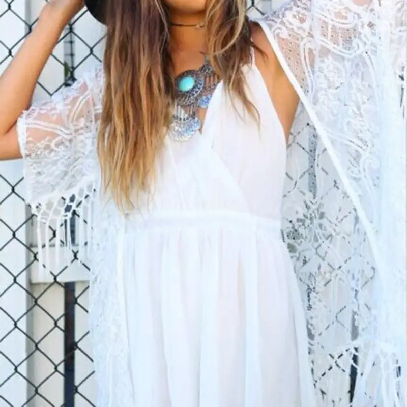 Boho Women Fringe Lace kimono cardigan White Beach Cover