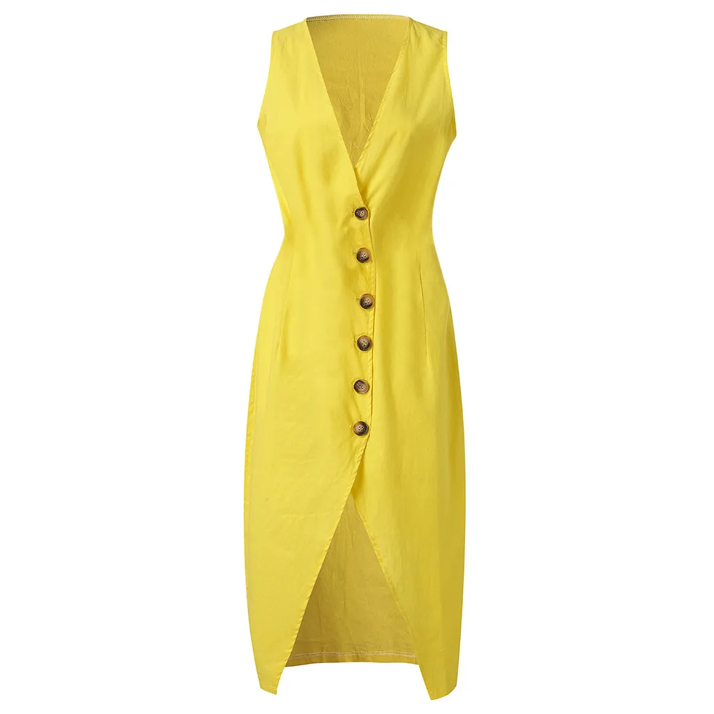 Women Solid Sleeveless O-Neck Maxi Buttons Cotton Loose Baggy Kaftan Long Dress
