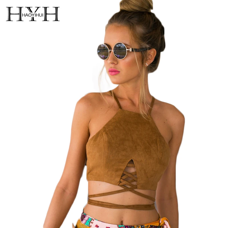 

HYH HAOYIHUI Solid Yellow Women Sleeveless Off Shoulder Square Collar Brief Crop Backless Front Hollow Out Tank Tops