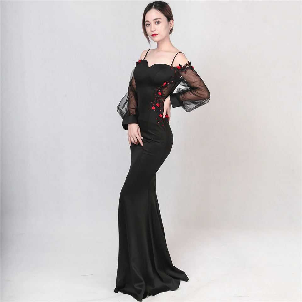 

It's Yiiya Evening dresses Elegant Strapless full sleeves Party Gown Royal Crystal applique Floor-length Trumpet Prom dress C246