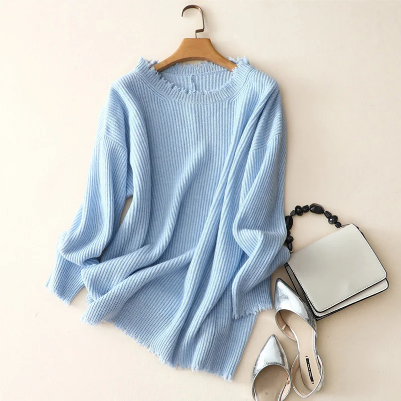 Длинный вязаный пуловер s женский чистый кашемировый свитер с кисточками и круглым вырезом Осень-Зима Свободный джемпер вязаный пуловер свитер - Цвет: Blue
