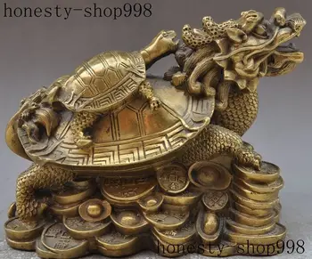 

8"Chinese brass wealth yuanbao money Longevity dragon Turtle Tortoise statue