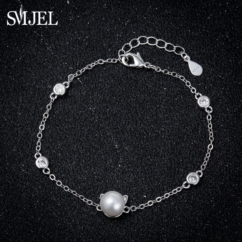 

SMJEL Imitation Pearl Cat Bracelets Cubic Zirconia Crystal Kitty Ear Bracelet Bangle Femme Hypoallergenic Jewelry B081