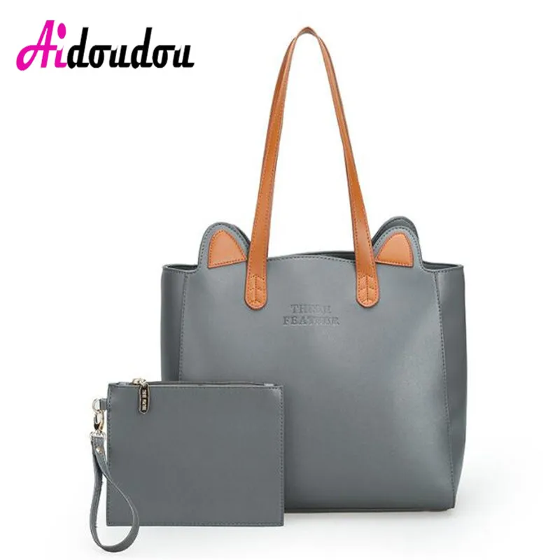 

Women Cute Cat Ears Shoulder Bag Women Handbags and Wallet Purses Set Big Tote Bag 2018 Winter Mom Shopping Bag