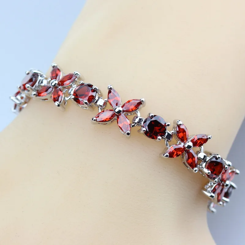 

Amazing 925 Silver Color Link Chain Bracelet Flower Red Garnet Women Wedding Jewelry Free Shipping And Gift Box SL76