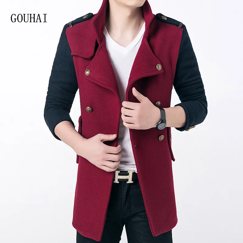 2016 Men Wool Coat Double Breasted Winter Windbreaker Men Long Wool Coat Patchwork Casaco Jaqueta Masculina