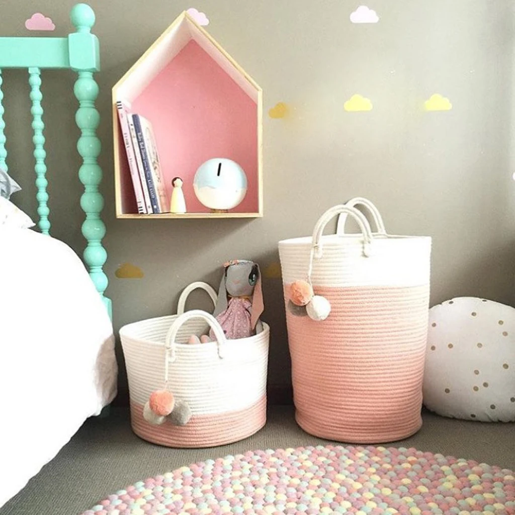 2x Cotton Weaving Storage Basket Rattan Storage Box For Cosmetics Basket Organizer Sundries Laundry Toys Storage Basket Pink