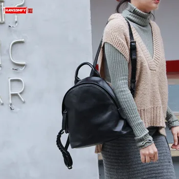 

Women Backpack Simple Genuine Leather Ladies Shoulder Bag Soft Black Leather Female Small Backpacks New Retro Original Solid Bag