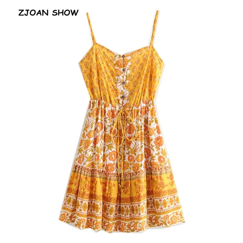 

2019 New Bohemian Orange Yellow Floral Print Spaghetti Strap Dress Ethnic Woman Adjustable Lacing up Sling Dresses Beach