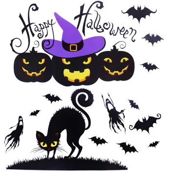 

8Sheets Halloween Window Clings - Happy Halloween Pumpkin Bat Black Cat Window Decals Party Decorations