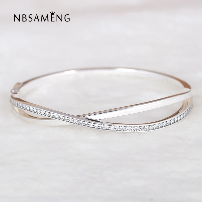 

2017 Authentic 100% 925 Sterling Silver Original Entwined Bangle With Clear Cubic Zirconia Fit Pan Bracelet DIY Charm Jewelry