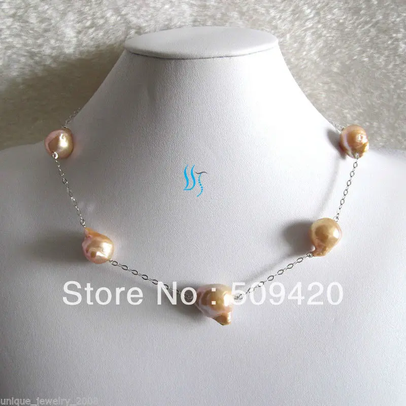 

Free Shipping18" 15-22mm Peach Pink Nuclear Tin Cup Freshwater Pearl Necklace Silver Chain