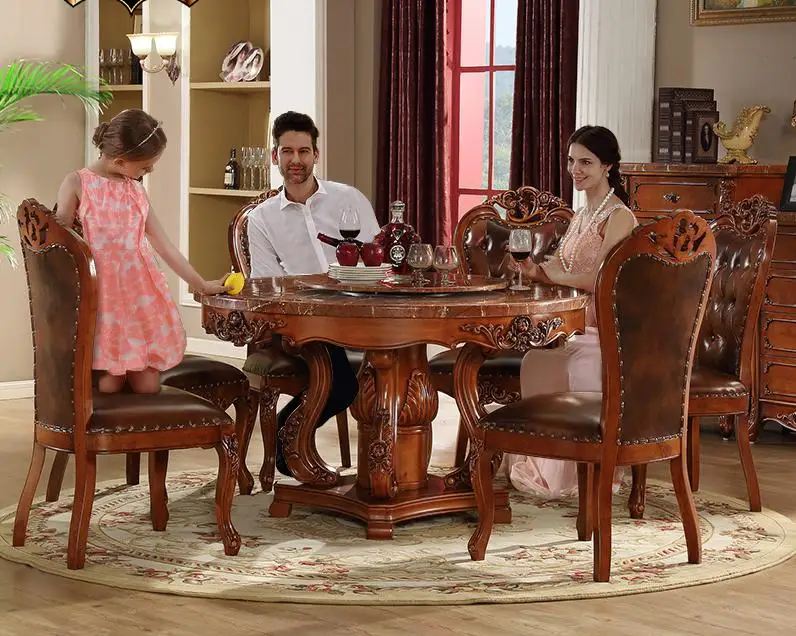 European Style Solid Wood Carved Round Marble Table With 6 Chairs