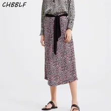 CHBBLF, Женская Ретро леопардовая юбка миди, faldas mujer, галстук-бабочка, пояс, животный узор, разрезная плиссированная повседневная юбка до середины икры, C9629