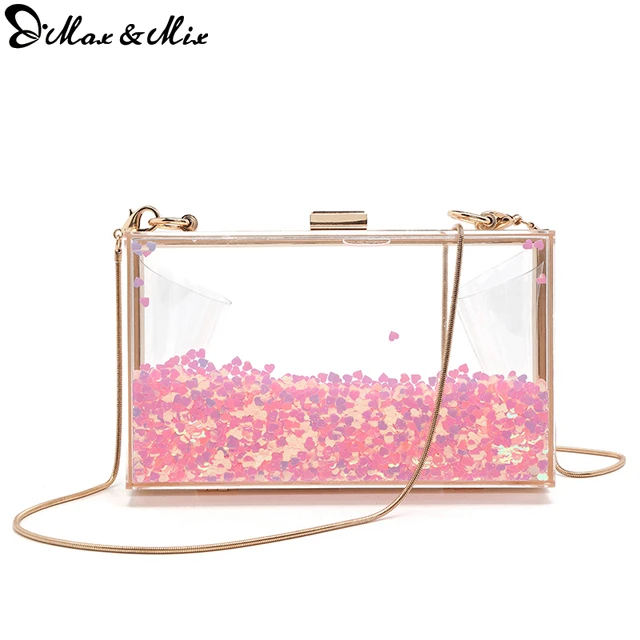Max Mix Glitter Dynamic Liquid Pink Heart Cute Purse Clear Acrylic Max Mix Glitter Dynamic Liquid Pink Heart Cute Purse Clear Acrylic Transparent Evening Clutch Fashion Handbag Chain
