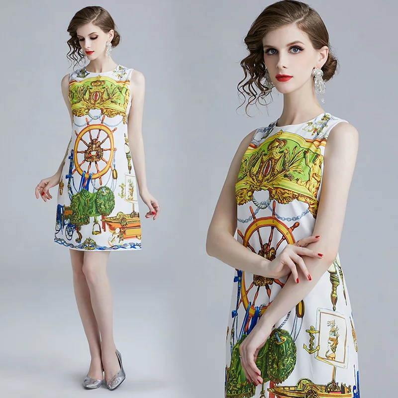 Новое модное короткое платье трапециевидной формы летнее дизайнерское подиумное женское платье без рукавов с винтажным рисунком колеса мини-платье на бретелях