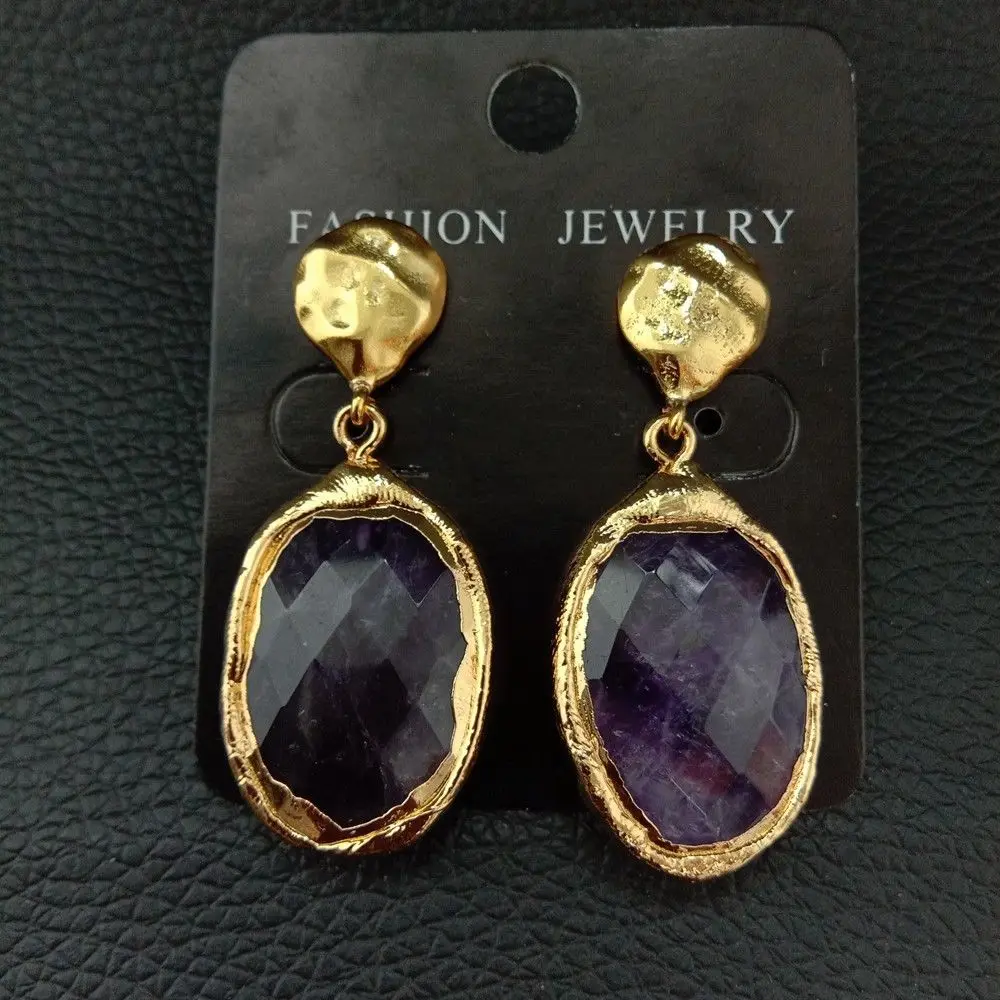 

E113113 19x20MM Natural Purple Stone Yellow Golden Plated Earrings
