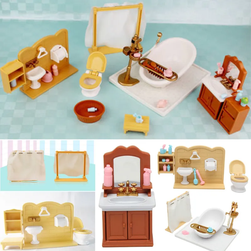 New Deluxe Bathroom Plastic Miniatures Furnitures Kits Set For DIY