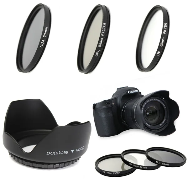 

58mm UV CPL ND4 Circular Polarizing Filter Kit Set + Lens Hood With Case For Canon Digital Camera DSLR SLR